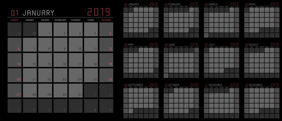 Planning calendar template 2019 set of 12 months January - December. Isolated on Black background