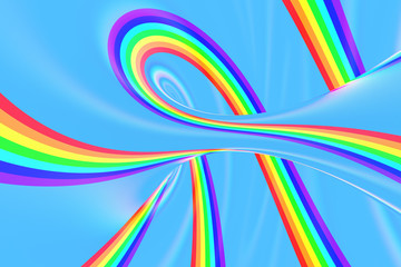 Rainbow in sky bright spiral tunnel. Striped twisted summer optical illusion. Abstract background. 3D render.