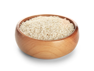 Bowl with white rice on white background