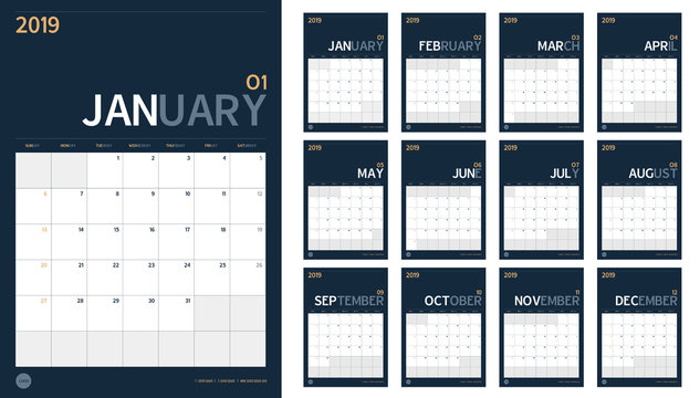 Vector of 2019 new year calendar set in clean minimal table simple style and navy blue color,Holiday event planner,Week Starts Sunday,A4 vertical size..