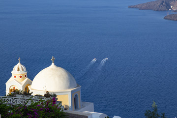 Church´s dome with a ocean backgroung at Santorini, Greece