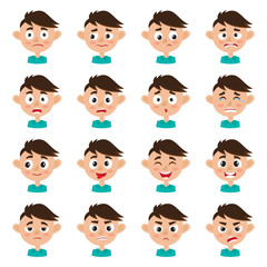 Cute boy face expression, cartoon vector set isolated on white