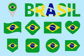 Brazil flag collection. Vector Brazilian flags set. Flat isolated icons with state name. Traditional colors. Web, sports pages, national, travel, geographic, patriotic, cartographic design elements.