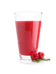 Glass of tasty raspberry smoothie on white background