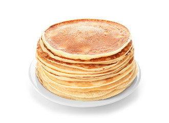 Plate with stack of tasty thin pancakes on white background