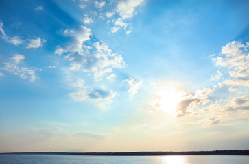 Beautiful view of blue sky with clouds and river