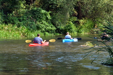 Rafting on the river by kayaks