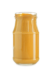 Jar with tasty mustard sauce on white background