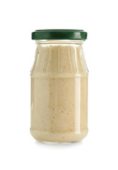 Jar with tasty sauce on white background
