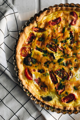 Delicious pizza with cheese, tomatoes and herbs, traditional Italian cuisine