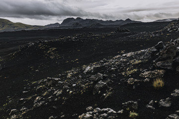 Obraz premium Dark Volcanic rock fields near Hekla volcano In Iceland