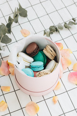 Composition of delicious macaroons in round gift box, sweet dessert