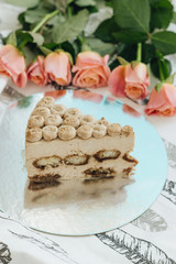 Piece of delicious tiramisu cake, sweet dessert