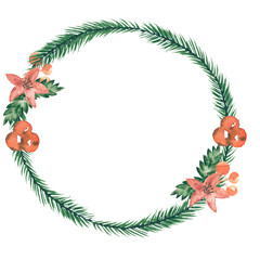 Wreath round Christmas/Christmas wreath with coniferous branches and berries. watercolor illustration
