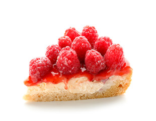 Piece of delicious raspberry cheesecake on white background
