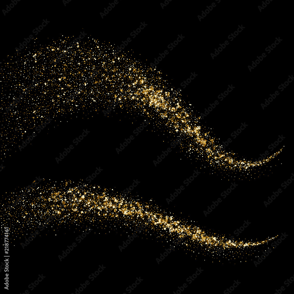 Fototapete Golden glitter wave of comet trace with shiny glare effect. Vector abstract gold flare or sparkling particles on premium luxury background