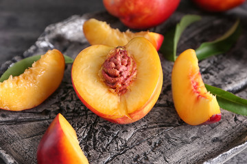 Fresh cut peaches on plate, closeup