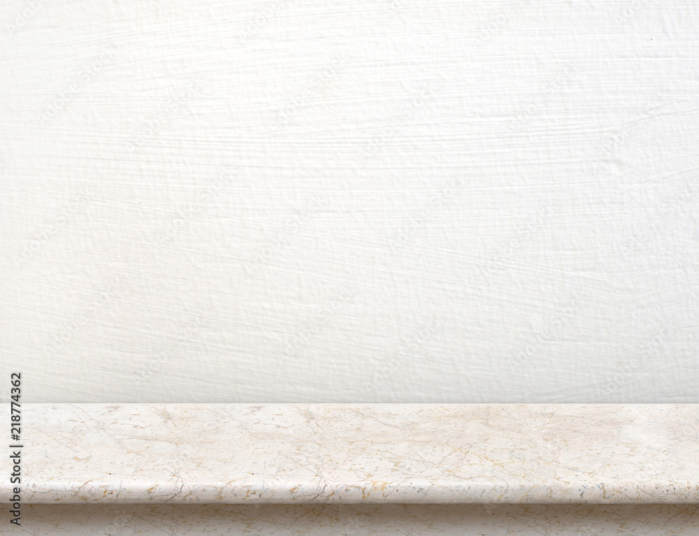 Poster empty cream marble table top with white concrete wall,mock up for display or montage of product,use 