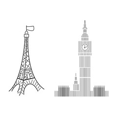 Big Ben logo and Eiffel Tower sign on white background hand drawing