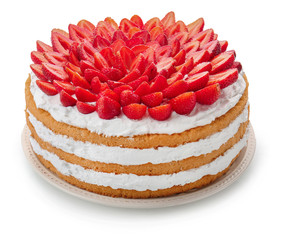 Plate with delicious strawberry cake on white background