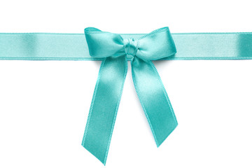 Blue satin ribbon with bow on white background