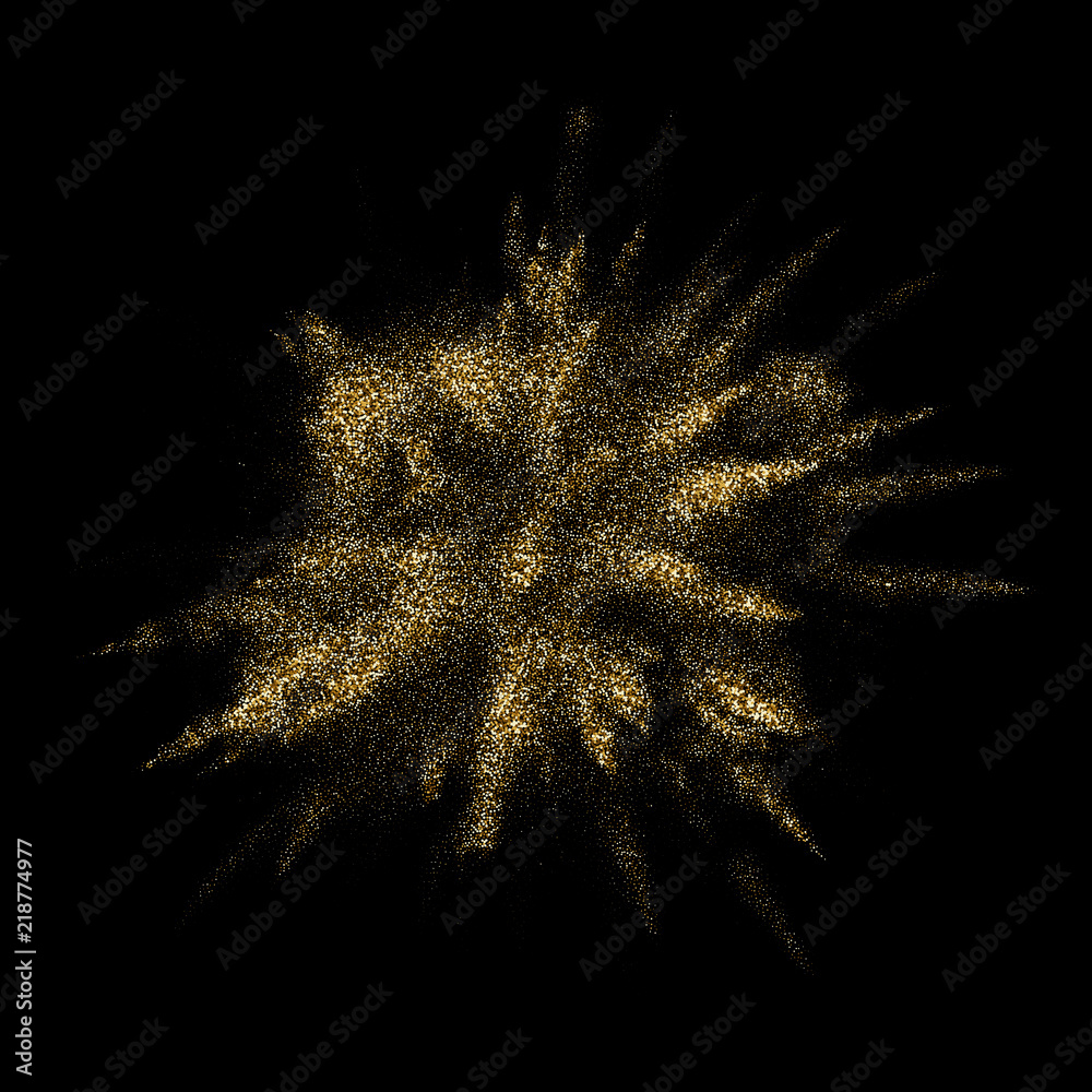 Poster Golden glitter explosion with particles blast effect. Vector gold glare firework explode with premium shiny splatter on luxury black background