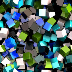 Seamless pattern of blue, green, black and white colored cubes