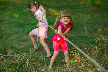 Group of happy children playing tug of war outside on grass. Kids pulling rope at park. Summer camp...