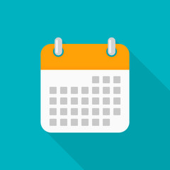 Calendar icon with long shadow on blue background, flat design style