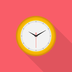 Clock icon with long shadow on pink background, flat design style