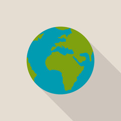 Earth globe icon with long shadow on gray background, flat design style