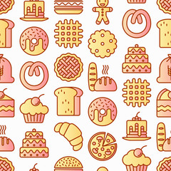 Bakery seamless pattern with thin line icons: toast bread, pancakes, flour, croissant, donut, pretzel, cookies, gingerbread man, cupcake, burger, apple pie, pizza, waffle. Modern vector illustration.