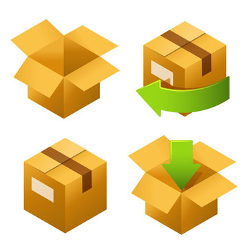 Isometric cardboard boxes set icons. Delivery and free return of gifts or parcels.
