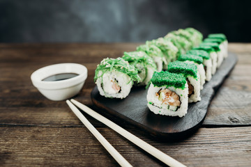 Sushi restaurant menu, Japanese food, gourmet meals. Rolls with smoked tuna and philadelphia cheese...