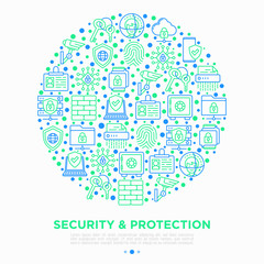 Security and protection concept in circle with thin line icons: mobile security, fingerprint, badge, firewall, face ID, secure folder, shredder, bank safe, encrypted messaging. Vector illustration.