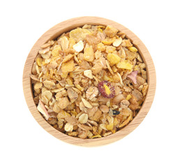 Cereal in a wooden bowl on white background.