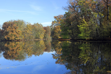 Fototapeta na wymiar Nymphenburger Park mit See im Herbst, Bayern, Deutschland