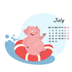 Cute month calendar with pig for July 2019