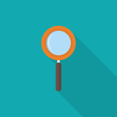 Magnifier icon with long shadow on blue background, flat design style