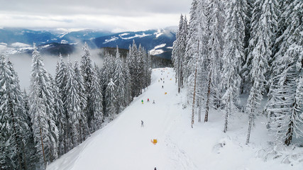 Skiers and snowboarders go down the slope in a ski resort Bukovel, Ukraine
