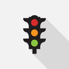 Traffic light icon with long shadow on gray background, flat design style