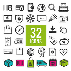 Icon Set for web and mobile apps - communication - travel - shopping - business - finance - transportation - medical - computer - media - marketing symbols on white background.