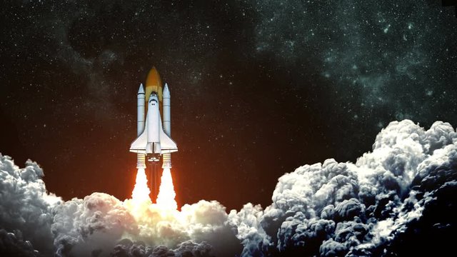 4K. Space Shuttle Launch On Background Of Night Sky. Slow Motion. 3D Animation.  Ultra High Definition. 3840x2160.