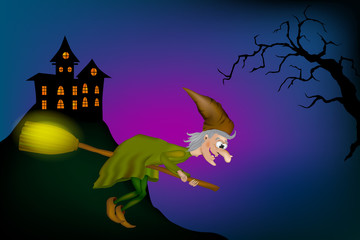 Fototapeta premium Vector illustration of halloween witch flying on broom. Cartoon Funny Witch 