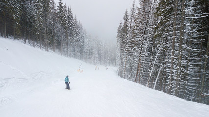 Skiers and snowboarders go down the slope in a ski resort Bukovel, Ukraine