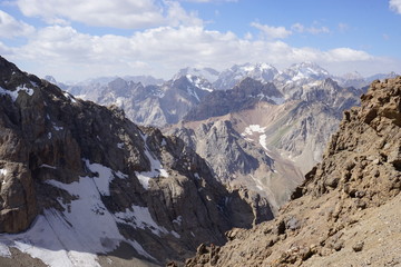 Snowy peaks as seen from the pass in Fann mountains, Tajikistan 