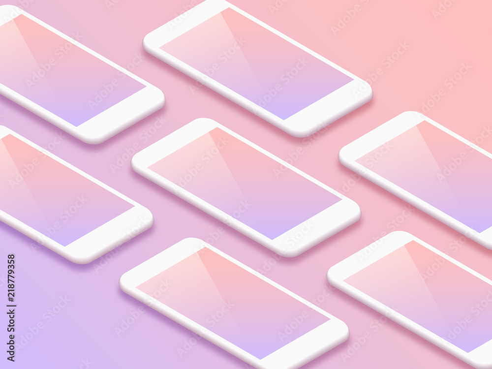 Poster shiny white isometric smartphones with blank screens vector grid. mobile app user interface ui kit c