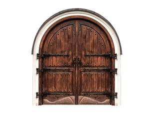 Porte antique en bois isolée sur fond blanc.