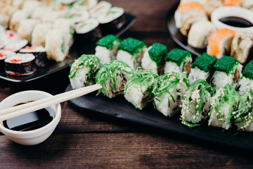 Sushi rolls assortment close up. Japanese traditional cuisine concept