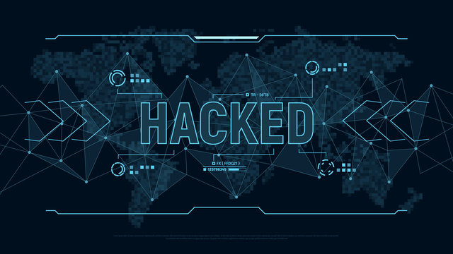 Modern futuristic background "Hacked". Polygons connection structure and world map in pixels in user interface display. Danger for Personal data. Digital cyber security concept. Vector illustration.